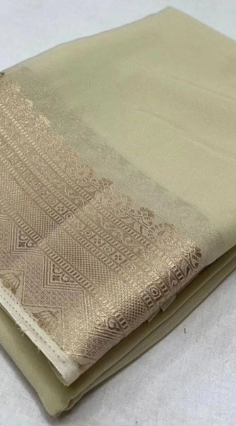 Mayawye Women's Crepe Chit Pallu Solid Saree With Unstitched Blouse 5.5Mtr (Beige)