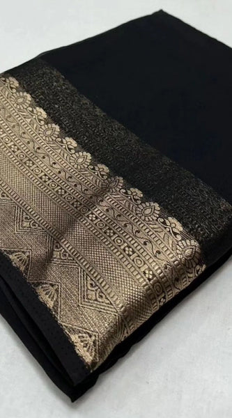 Mayawye Women's Crepe Chit Pallu Solid Saree With Unstitched Blouse 5.5Mtr (Black)