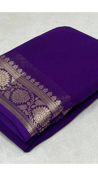 Mayawye Women's Crepe Chit Pallu Solid Saree With Unstitched Blouse 5.5Mtr (Dark Purple)