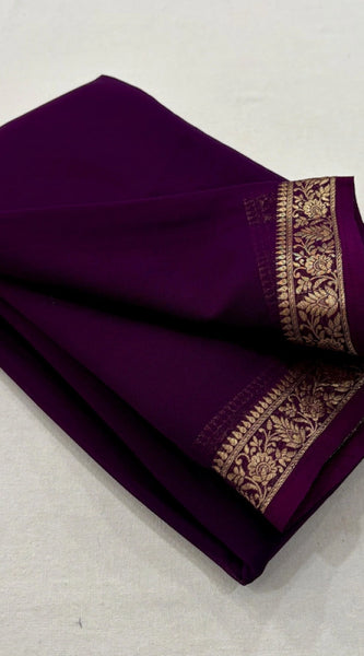 Mayawye Women's Crepe Chit Pallu Solid Saree With Unstitched Blouse 5.5Mtr (Dark Purple)