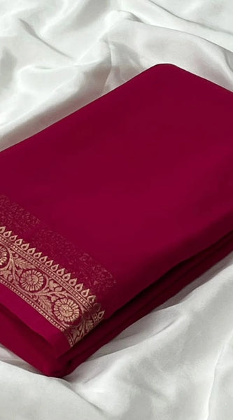 Mayawye Women's Crepe Chit Pallu Solid Saree With Unstitched Blouse 5.5Mtr (Pink)