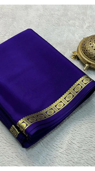 Mayawye Women's Crepe Chit Pallu Solid Saree With Unstitched Blouse 5.5Mtr (Dark Purple)