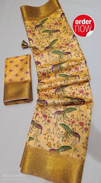 Mayawye Women's Digital Dolla Silk Printed Saree With Unstitched Blouse 5.5Mtr (Mustard)