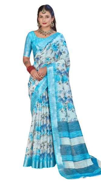 Mayawye Women's Printed Cotton Linen Saree withPrinted Saree With Unstitched Blouse (Blue, 5-6Mtrs)