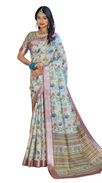 Mayawye Women's Printed Cotton Linen Saree withPrinted Saree With Unstitched Blouse (Rust , 5-6Mtrs)