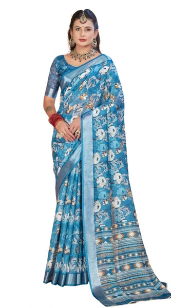 Mayawye Women's Printed Cotton Linen Saree withPrinted Saree With Unstitched Blouse (Blue, 5-6Mtrs)