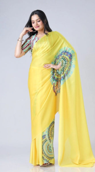 Mayawye Women's Soft Crepe Silk Printed Ready To Wear Saree With Unstitched Blouse 5.5Mtr (Yellow)