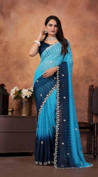Mayawye Women's Chiffon Embroidred Saree With Unstitched Blouse 5.5Mtr (Light Blue)
