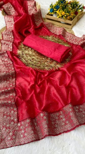 Mayawye Women's Silk Embroidred Saree With Unstitched Blouse 5.5Mtr (Pink)