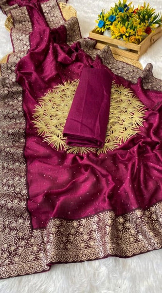 Mayawye Women's Silk Embroidred Saree With Unstitched Blouse 5.5Mtr (Purple)