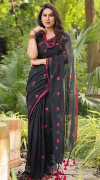 Mayawye Women's Linen Printed Saree With Unstitched Blouse 5.5Mtr (Black)