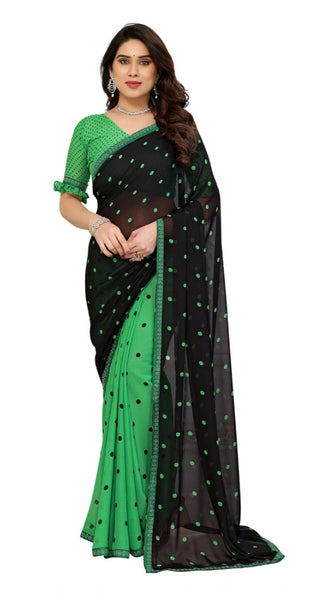 Mayawye Women's Georgette Printed Saree With Unstitched Blouse 5.5Mtr (Black-Green)