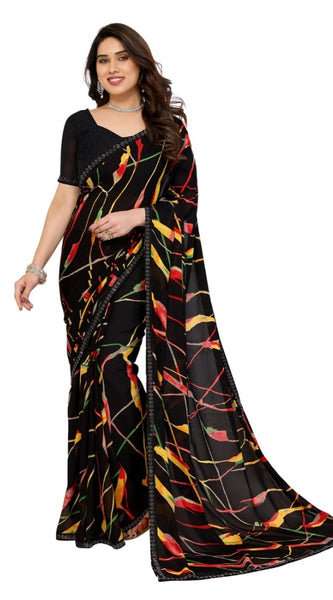 Mayawye Women's Georgette Printed Saree With Unstitched Blouse 5.5Mtr (Black)