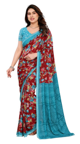 Mayawye Women's Georgette Printed Saree With Unstitched Blouse 5.5Mtr (Maroon)