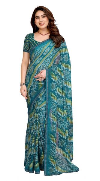 Mayawye Women's Georgette Printed Saree With Unstitched Blouse 5.5Mtr (Sky Blue)