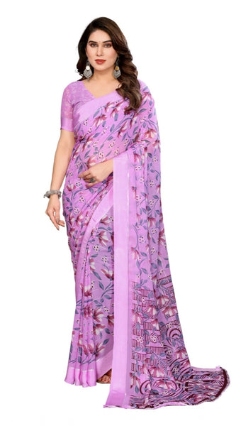 Mayawye Women's Georgette Printed Saree With Unstitched Blouse 5.5Mtr (Purple)