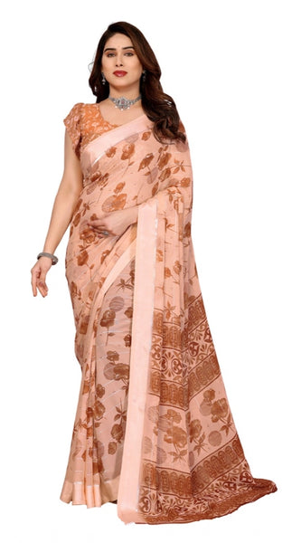 Mayawye Women's Georgette Printed Saree With Unstitched Blouse 5.5Mtr (Brown)