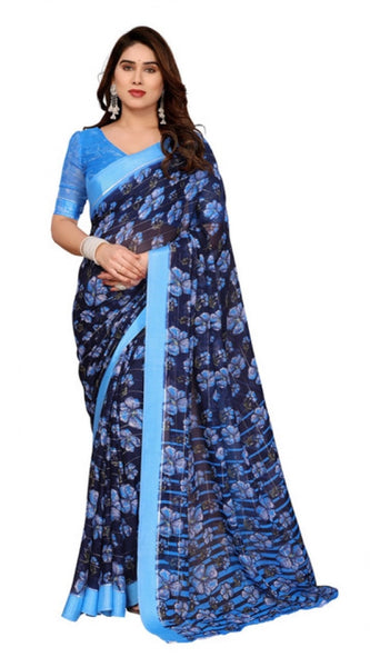 Mayawye Women's Georgette Printed Saree With Unstitched Blouse 5.5Mtr (Blue)