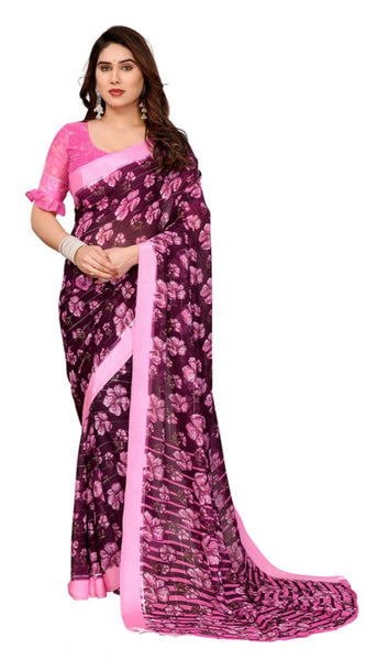 Mayawye Women's Georgette Printed Saree With Unstitched Blouse 5.5Mtr (Pink)