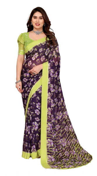 Mayawye Women's Georgette Printed Saree With Unstitched Blouse 5.5Mtr (Purple)