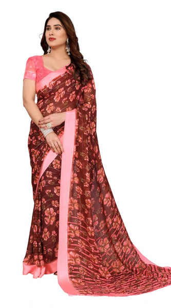 Mayawye Women's Georgette Printed Saree With Unstitched Blouse 5.5Mtr (Maroon)