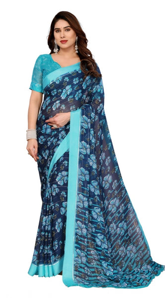 Mayawye Women's Georgette Printed Saree With Unstitched Blouse 5.5Mtr (Sky Blue)