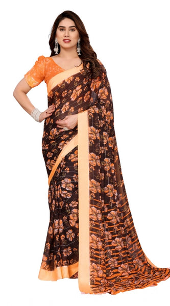 Mayawye Women's Georgette Printed Saree With Unstitched Blouse 5.5Mtr (Brown)