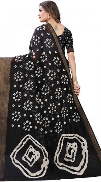 Mayawye Women's Cotton Silk Bandhni Saree With Unstitched Blouse 5.5Mtr (Black)