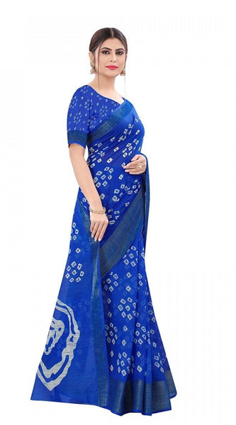 Mayawye Women's Cotton Silk Bandhni Saree With Unstitched Blouse 5.5Mtr (Royal Blue)