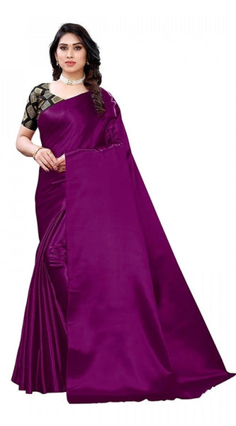 Mayawye Women's Satin Printed Saree With Unstitched Blouse 5.5Mtr (Purple)