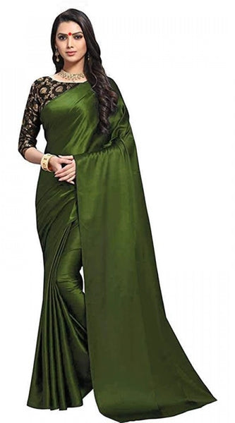 Mayawye Women's Satin Solid Saree With Unstitched Blouse 5.5Mtr (Mehandi)