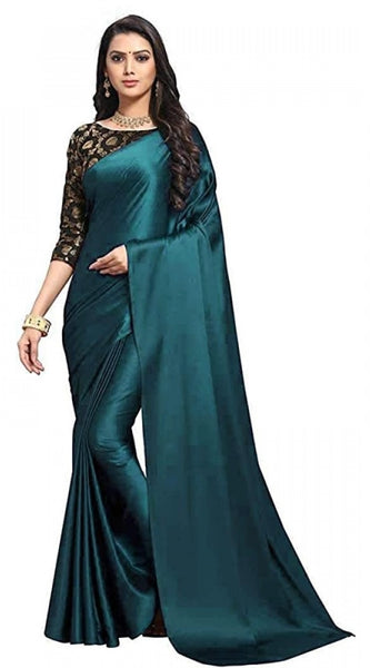 Mayawye Women's Satin Solid Saree With Unstitched Blouse 5.5Mtr (Turquoise)