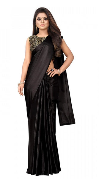 Mayawye Women's Satin Printed Saree With Unstitched Blouse 5.5Mtr (Black)