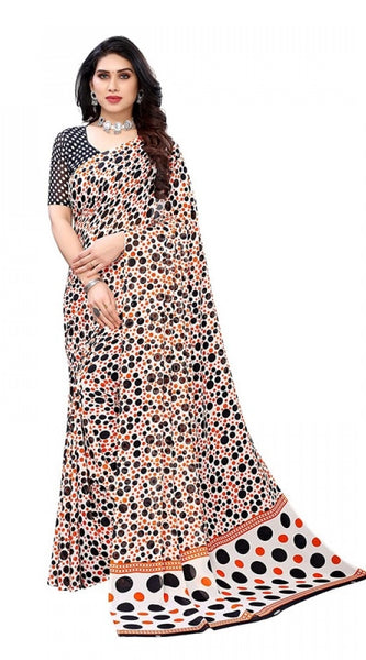 Mayawye Women's Georgette Printed Saree With Unstitched Blouse 5.5Mtr (Orange)