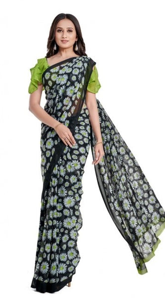 Mayawye Women's Georgette Printed Saree With Unstitched Blouse 5.5Mtr (Green)