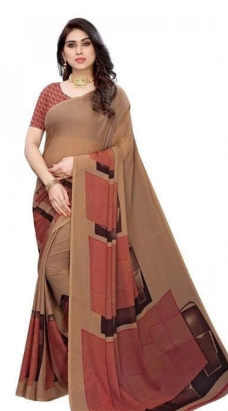 Mayawye Women's Georgette Printed Saree With Unstitched Blouse 5.5Mtr (Coffee)