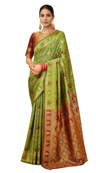 Mayawye Women's Silk Blend Woven Paithani Saree With Unstitched Blouse 5.5Mtr (Light Green)