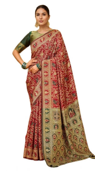 Mayawye Women's Silk Blend Woven Paithani Saree With Unstitched Blouse 5.5Mtr (Red)