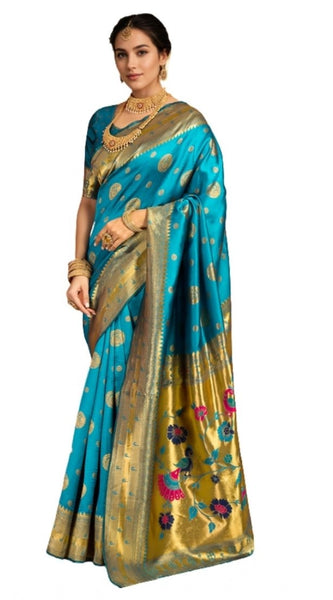 Mayawye Women's Silk Blend Paithani Saree With Unstitched Blouse 5.5Mtr (Rama)