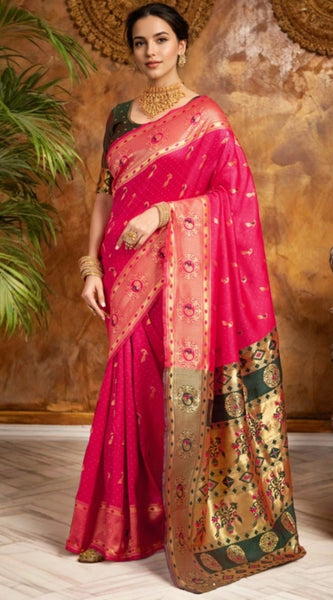 Mayawye Women's Silk Blend Zari Weaving Saree With Unstitched Blouse 5.5Mtr (Pink)