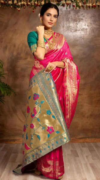 Mayawye Women's Silk Blend Zari Weaving Saree With Unstitched Blouse 5.5Mtr (Pink)