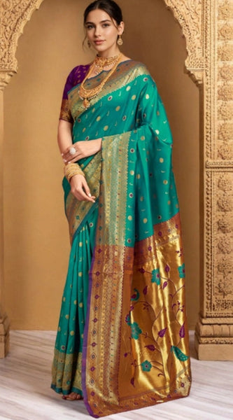 Mayawye Women's Silk Blend Zari Weaving Saree With Unstitched Blouse 5.5Mtr (Teal)