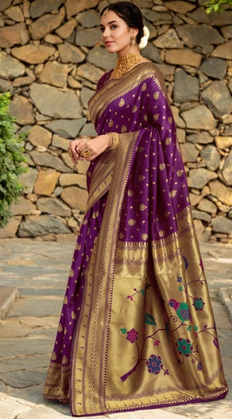 Mayawye Women's Silk Blend Zari Weaving Saree With Unstitched Blouse 5.5Mtr (Purple)