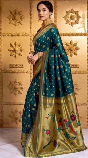 Mayawye Women's Silk Blend Zari Weaving Saree With Unstitched Blouse 5.5Mtr (Teal)