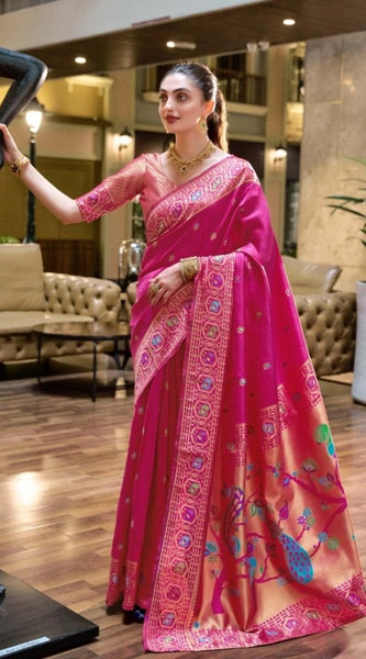 Mayawye Women's Silk Blend Paithani Weaving Saree With Unstitched Blouse 5.5Mtr (Pink)