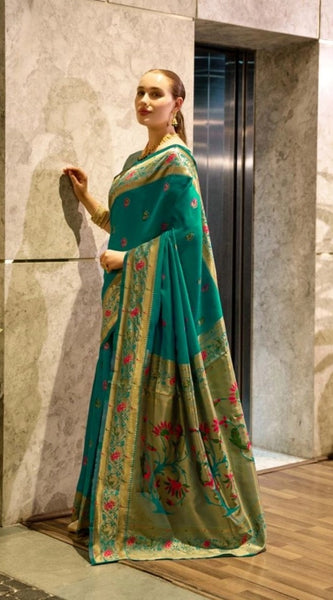 Mayawye Women's Silk Blend Zari Woven Saree With Unstitched Blouse 5.5Mtr (Green)