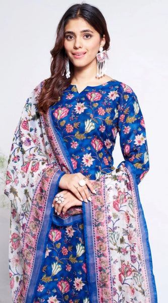 Mayawye Women's Cotton Blend Printed Kurti With Pant Dupatta Set (Blue)