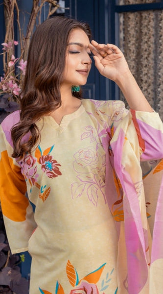 Mayawye Women's Cotton Blend Printed Kurti With Pant Dupatta Set (Cream)