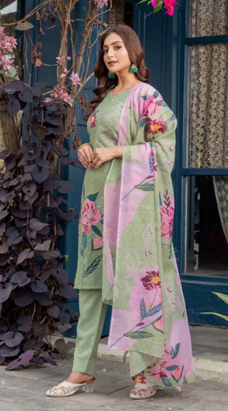 Mayawye Women's Cotton Blend Printed Kurti With Pant Dupatta Set (Mehendi)