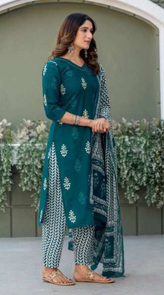 Mayawye Women's Cotton Blend Printed Kurti With Pant Dupatta Set (Morpichh)